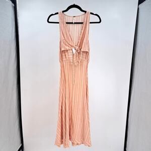 Free People Maxi Dress XS Stripe Tie Button Front Sleeveless V-Neck Cutout Peach